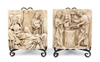 * Two English Gothic Alabaster Relief Plaques Height 8 1/2 x width 8 1/2 inches.