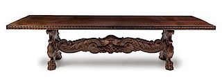 * An Italian Renaissance Style Walnut Trestle Table Height 29 x width 38 1/2 x length 116 1/2 inches.