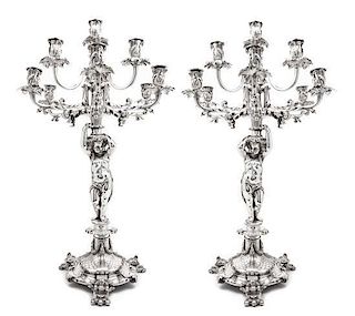 * A Pair of Neoclassical Style Ten-Light Silvered Bronze Figural Candelabra Height 29 1/8 inches.