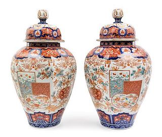 * A Pair of Imari Palette Porcelain Jars Height 20 inches.