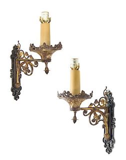 * A Pair of Gothic Style Cast Iron Single-Light Sconces Height 13 1/4 inches.