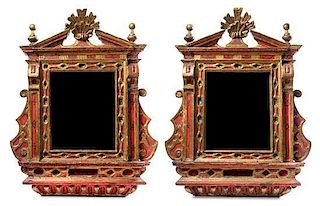 * A Pair of Northern Italian Painted and Parcel Gilt Tabernacle Frames Height 27 1/2 x width 22 inches.