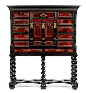 * A Flemish Baroque Tortoise Shell Veneered Ebony Cabinet on Stand Height 68 1/2 x width 60 x depth 20 inches.