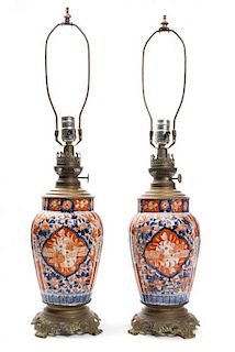 * A Pair of Imari Palette Porcelain Vases Height 16 inches.