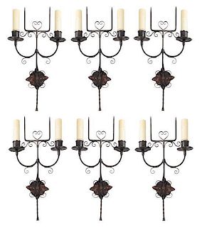 * A Set of Six Wrought Metal Two-Light Sconces Height 19 3/4 inches.