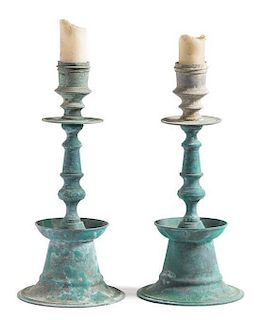 * A Pair of Baroque Style Brass Prickets Height 17 inches.