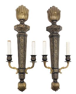 * A Pair of Cast Metal Two-Light Sconces Height 26 inches.