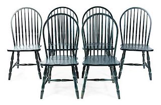 * A Group of Six Green Painted Windsor Chairs Height 40 inches.