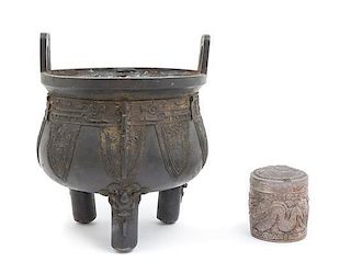 * A Chinese Tripod Censer and a Covered Cylindrical Box Height of censer 11 inches.