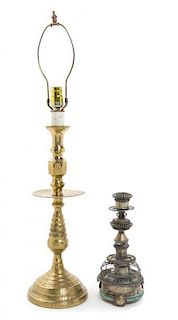 * A Middle Eastern Pottery Candlestick and a Brass Table Lamp Height of first 31 inches.