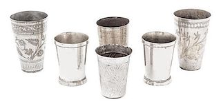 * A Group of Six Metal Cups Height of tallest 5 1/2 inches.