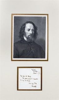 TENNYSON, ALFRED LORD. Autographed note signed. Dated March 16,  1886. Size of note 4 1/4 x 4 1/2 inches.