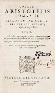 ARISTOTLE. Operum Aristotelis stagiritae philosophorum. Geneva, 1606-1607.  3 vols.