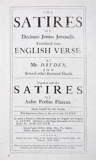 * JUVENALIS (DECIMUS JUNIUS) AND AULUS PERSEUS FLACCUS. The Satires. Trans. by John Dryden. London, 1693. Finely bound.