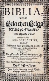 (BIBLE, SWEDISH) Biblia. Thet ar. Stockholm, 1674. First edition. Complete with an engraved title page by Isebrandus Compostell.