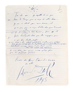 * DALI, SALVADOR. Autographed letter signed. Dated 1943.