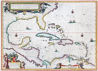 * (MAP) BLAEU, WILLEM. Insulae Americanae in Oceano Septentrionali cum Terris Adiacentibus. Amserdam, c. 1636. Engraved map with