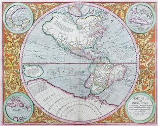 * (MAP) MERCATOR.  America Sive India Nova. Amsterdam, c. 1633. Engraved hemisphere map with hand-coloring, inset maps.