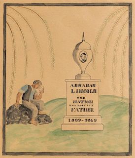(LINCOLN, ABRAHAM) Period original watercolor of a freedman mourning at Lincoln's grave.