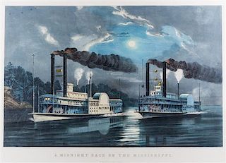 CURRIER & IVES. A Midnight Race on the Mississippi. NY, 1860.