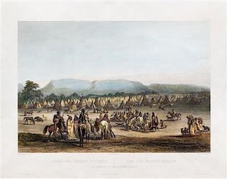 * (BODMER, CHARLES, after) Pikaan Indian Encampment. Engraving with hand-coloring. London, n.d.
