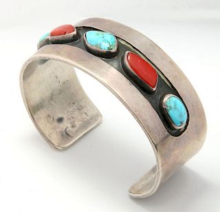 CORAL AND TURQUOISE STERLING NAVAJO CUFF BRACELET
