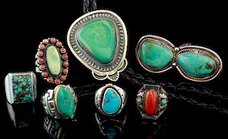 SIX NAVAJO STERLING TURQUOISE RINGS AND BOLO TIE
