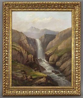 Hermann Herzog, "Waterfall" oil on canvas.