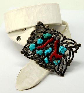 STERLING BELT BUCKLE WITH TURQUOISE AND CORAL