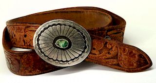 STERLING BELT BUCKLE WITH TOOLED LEATHER BELT