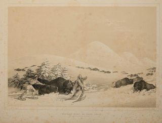 CATLIN'S BUFFALO HUNT ON SNOW SHOES TINTED LITHOGRAPH