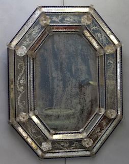 Antique Venetian Mirror with Blue Glass Trim.