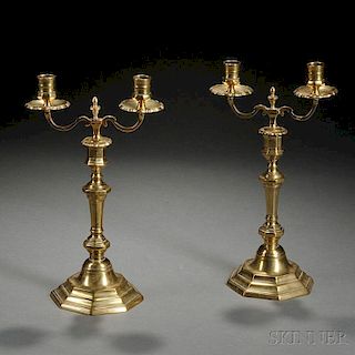 Pair of Convertible Brass Octagonal-base Candlesticks/Candelabra