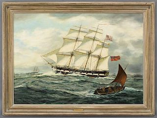 Henry Scott, "Ships in Open Water" oil on canvas.