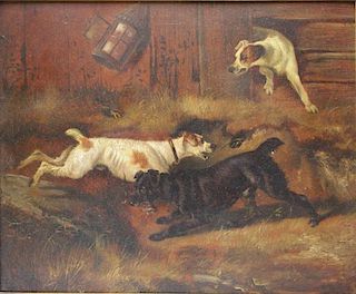 Initialed 19th C. Oil on Board of Dogs in a Barn.