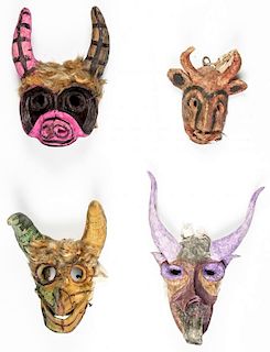 4 Vintage Mexican Cora Dance Masks, Nayarit