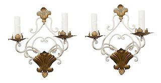 A Pair of French Painted Twin-Light Sconces Height 12 inches.