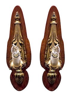 A Pair of Gilt Bronze Single-Light Sconces Height 9 1/2 inches.