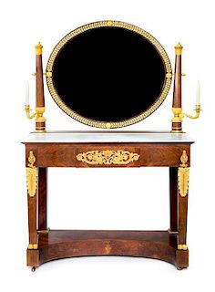An Empire Style Gilt Bronze Mounted Mahogany Dressing Table Height 59 x width 38 x depth 18 1/2 inches.