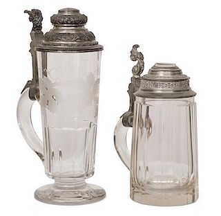 Two Pewter Mounted Cut Glass Tankards Height of first 10 inches.