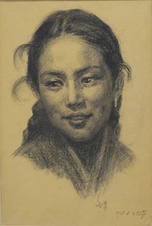 Signed Chinese Charcoal on Paper Portrait of a