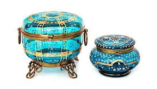 Two Enameled Glass Table Boxes Height of larger 5 inches.
