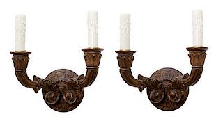 A Pair of Belgian Twin Light Wood Sconces. Height 12 inches.