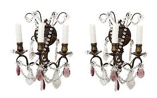 A Pair of Italian Bronze Crystal Sconces Height 13 1/2 inches.