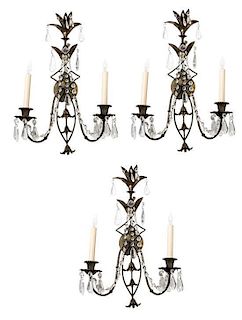 A Set of Three Italian Neoclassical Style Cast Metal Two-Light Sconces Height 24 inches.