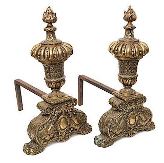 A Pair of Baroque Style Bronze Andirons Height 31 inches.