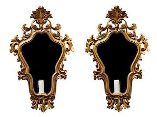 A Pair of Italian Baroque Style Giltwood Girandole Mirrors Height overall 22 inches.