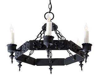 A Wrought Iron Six-Light Fixture Height 18 inches.