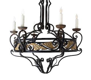 A Wrought Iron Six-Light Chandelier Height 36 inches.