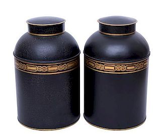 A Pair of Lidded Tole Canisters Height 17 1/2 inches.
